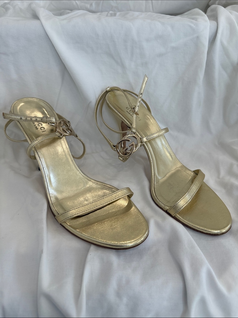 Gucci Gold Leather Strappy Heeled Sandals